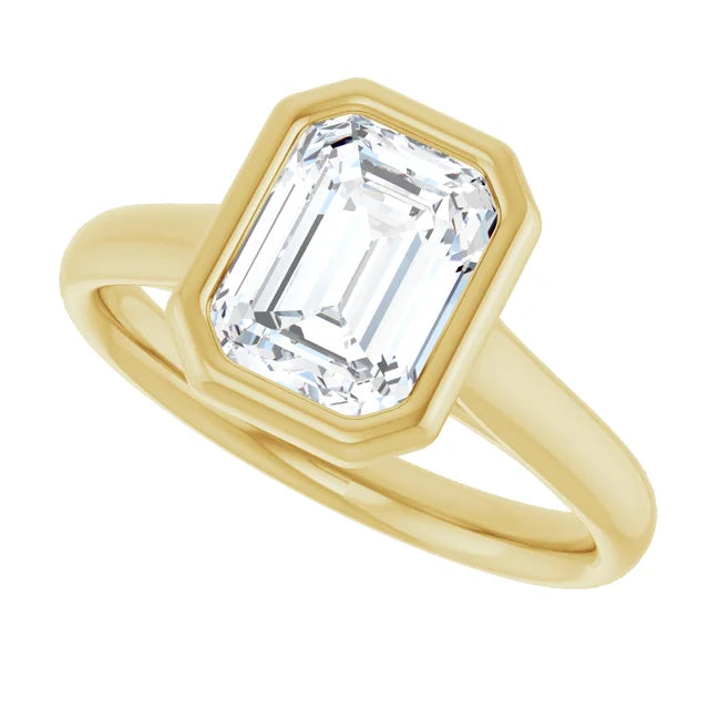 2 CT Bezel Set emerald Cut diamond engagement ring on yellow gold sideway picture