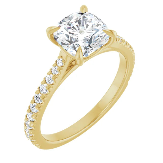 2 CT Cushion Cut lab Grown Diamond Engagement Ring for women Yellow gold sideway picture showing center stone and french set accented shank