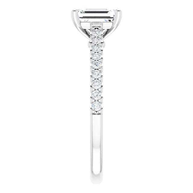 1 CT Infinity Emerald Cut Solitaire Engagement Ring for women on white gold showing diamond on the shank