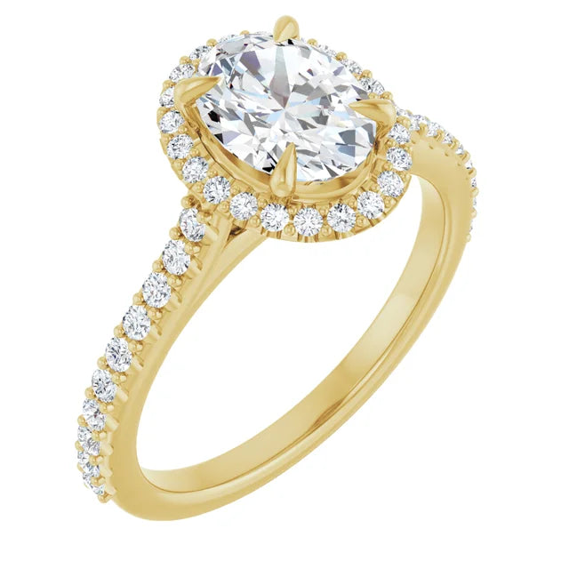 Halo Style assented shank oval solitaire diamond engagement ring on 14K gold