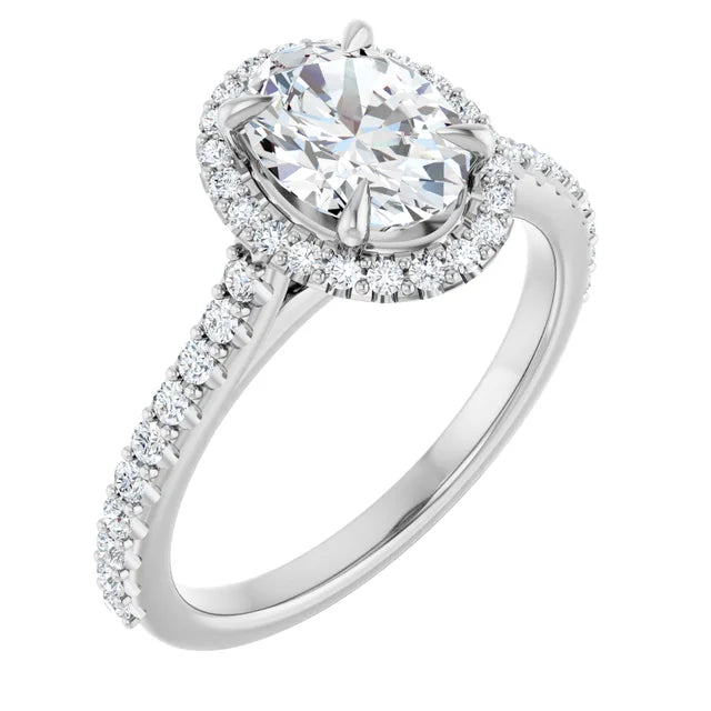 Halo Style assented shank oval solitaire diamond engagement ring on White gold