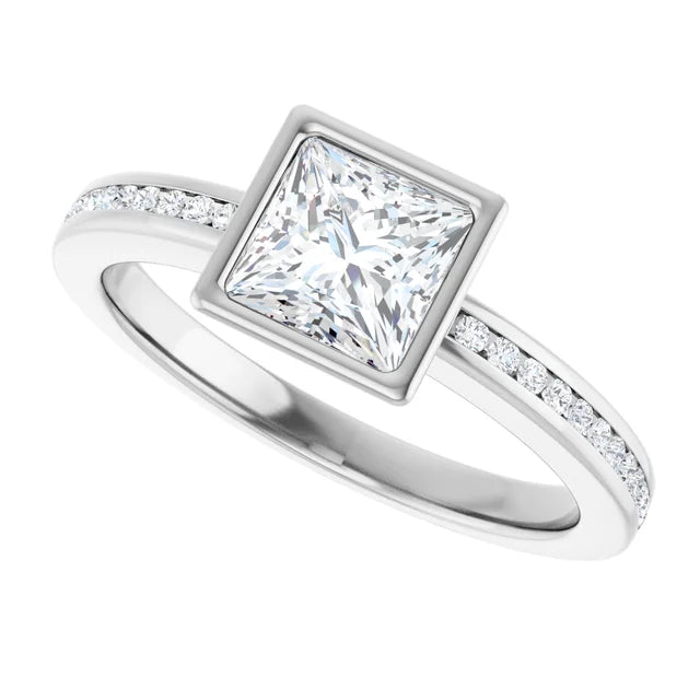 Assented Shank Bezel Set Lab Created Princess Cut Diamond Engagement Ring sideway picture showing center stone and diamond on shank