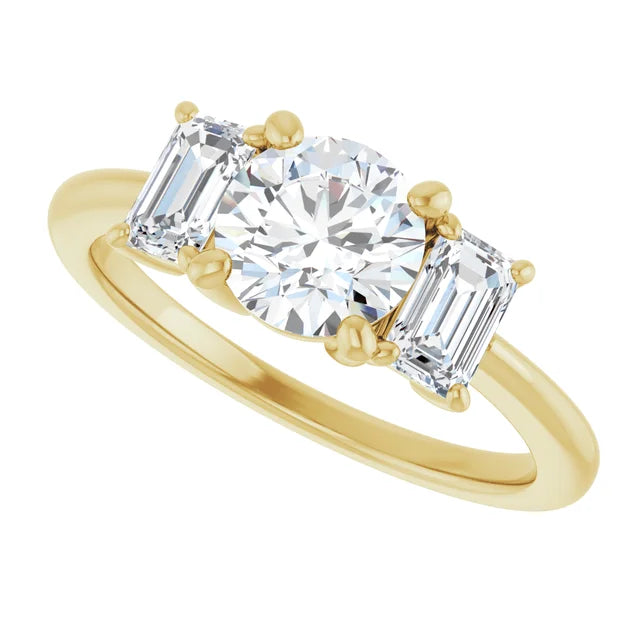 Round and emerald three stones Diamond engagement Ring for women yellow gold sideway picture