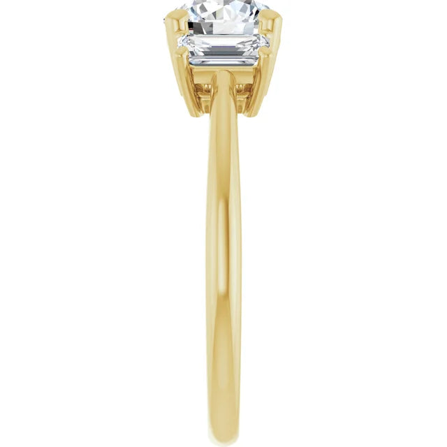 Round and emerald three stones Diamond engagement Ring for women on yellow gold showing shank