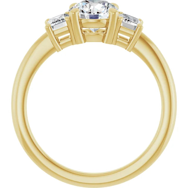 Round and emerald three stones Diamond engagement Ring for women yellow gold showing under gallery