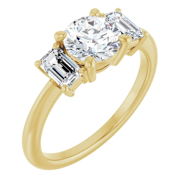 Round and emerald three stones Diamond engagement Ring for women on yellow gold sideway picture showing 3 stones