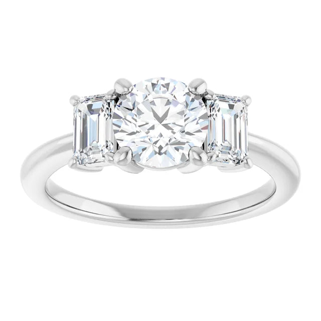 Round and emerald three stones Diamond engagement Ring for women white gold