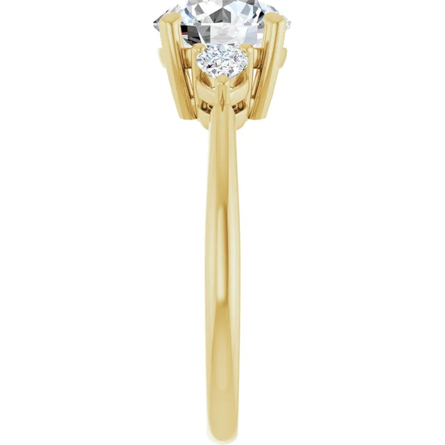 Round and Pear 3 Stones Engagement Ring showing shank from the side