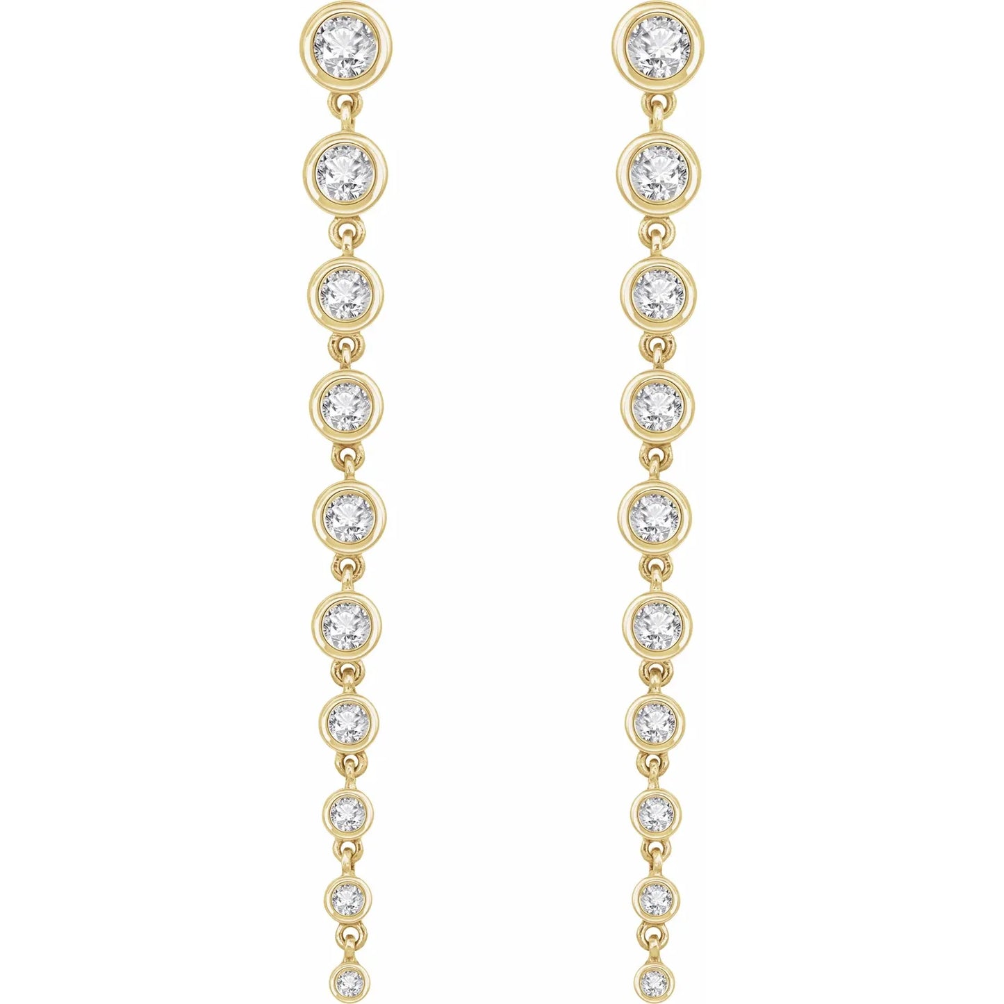 2 CTW round lab grown Diamond Dangle Earrings yellow gold showing stones