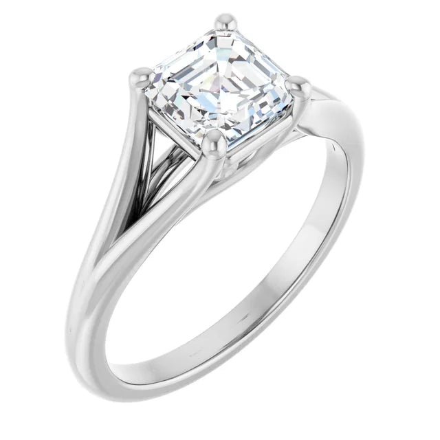 1 CT Split Shank Asscher Cut Diamond Engagement Ring for Women white gold sideway picture showing center stone