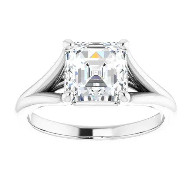 2 CT Split Shank Asscher Cut Diamond Engagement Ring for Women white gold showing center stone
