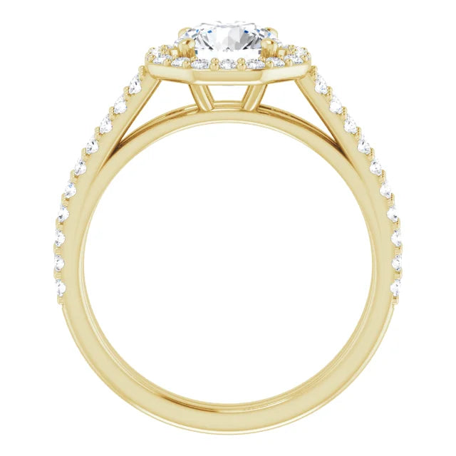 Dual shank Halo Style Lab Grown Diamond Engagement Ring on Yellow Gold Standing picture