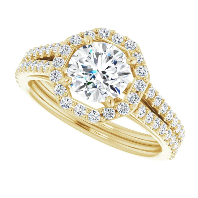 Dual shank Halo Style Lab Grown Diamond Engagement Ring on Yellow Gold Sideway Picture