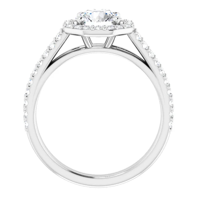 Dual shank Halo Style Lab Grown Diamond Engagement Ring on White Gold Standing Picture