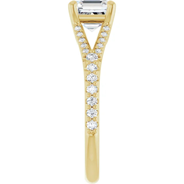 1 CT Accented Shank Assher Cut Diamond engagement Ring for Women on yellow gold showing diamond on the shank