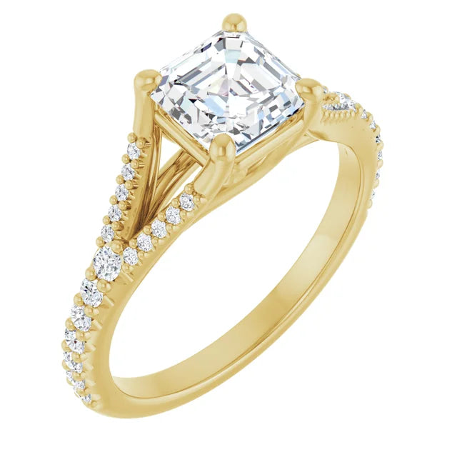 1 CT Accented Shank Assher Cut Diamond engagement Ring for Women sideway picture showing diamond on the shank and center stone