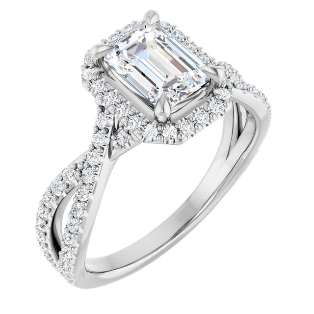 Split accented Shank Lab Created Emerald Cut Diamond Engagement Ring on white gold