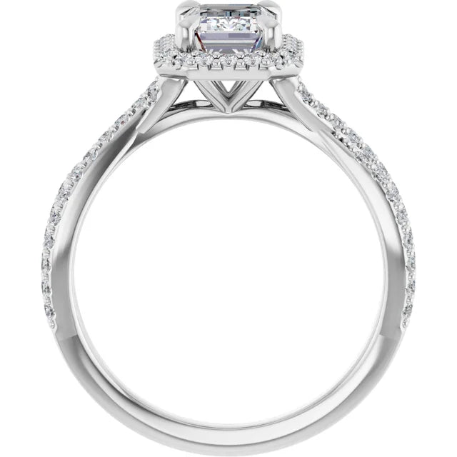 Split accented Shank Lab Created Emerald Cut Diamond Engagement Ring on white gold showing under gallery