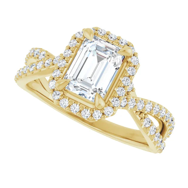 Split accented Shank Lab Created Emerald Cut Diamond Engagement Ring on Yellow gold sideway picture showing shank and center stone