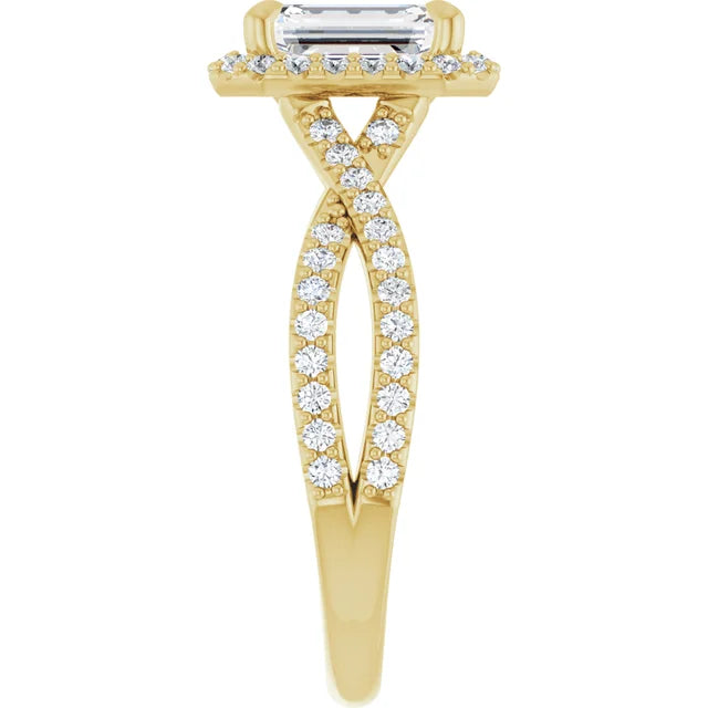 Split accented Shank Lab Created Emerald Cut Diamond Engagement Ring on yellow gold showing shank