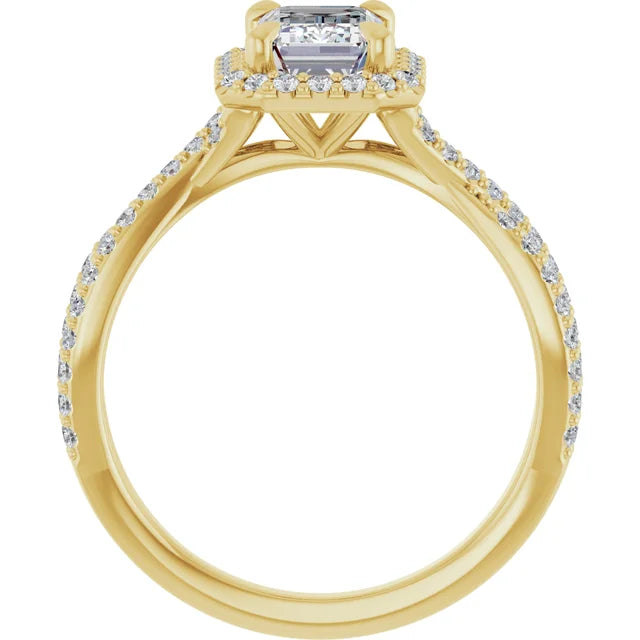 Split accented Shank Lab Created Emerald Cut Diamond Engagement Ring on Yellow gold showing under gallery