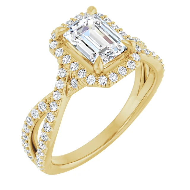 Split accented Shank Lab Created Emerald Cut Diamond Engagement Ring on yellow gold sideway picture