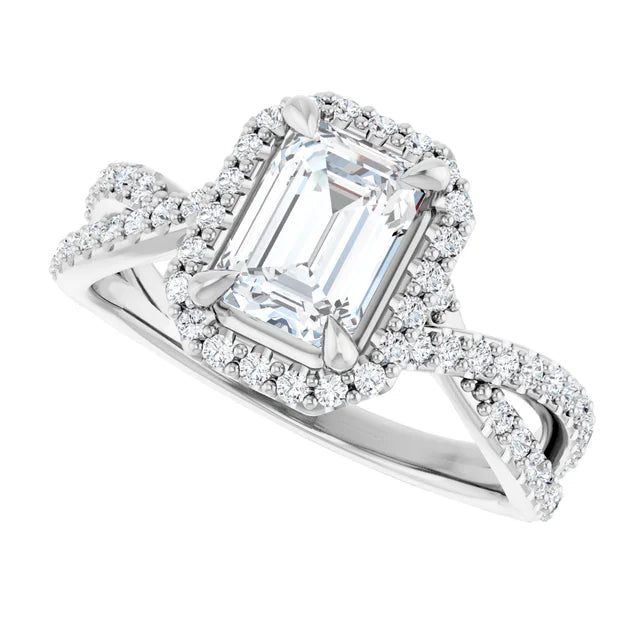 Split accented Shank Lab Created Emerald Cut Diamond Engagement Ring on white gold sideway picture showing center stone and diamond on shank