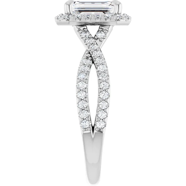 Split accented Shank Lab Created Emerald Cut Diamond Engagement Ring on white gold showing shank