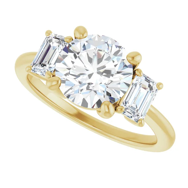 2.5 CTW Round and emerald three stones Diamond engagement Ring for women in Yellow gold