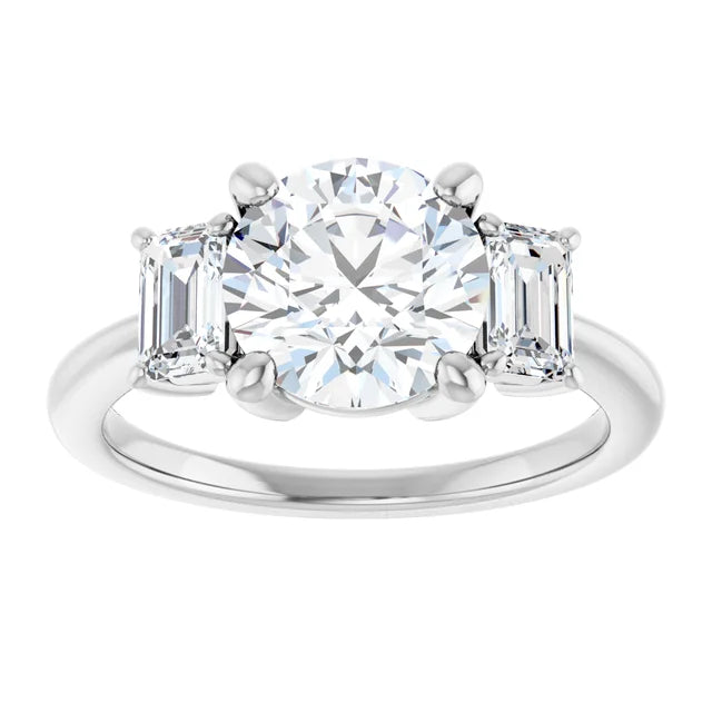 2.5 CT Round and emerald three stones Diamond engagement Ring for women in white gold