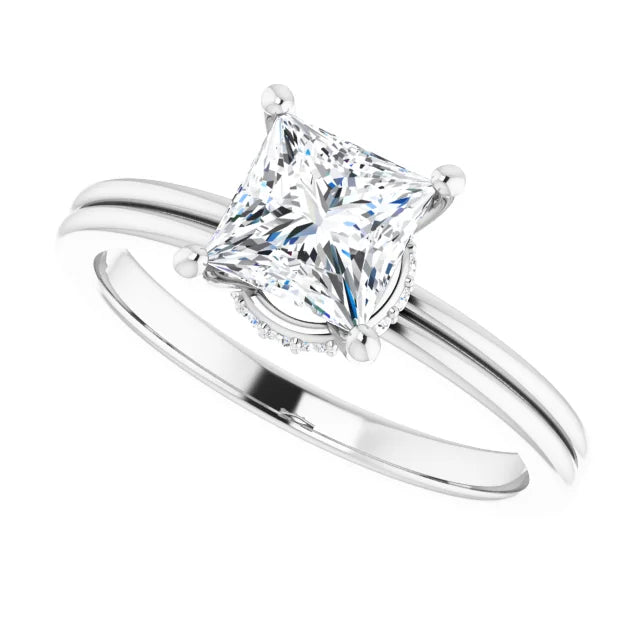 lab created princess cut Diamond Engagement Ring on White Gold showing details