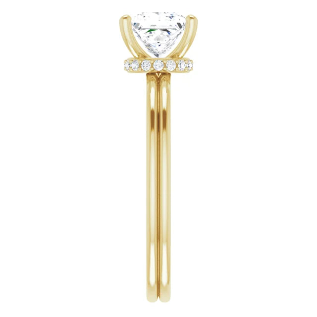 lab created princess cut Diamond Engagement Ring on Yellow gold showing shank and under gallery