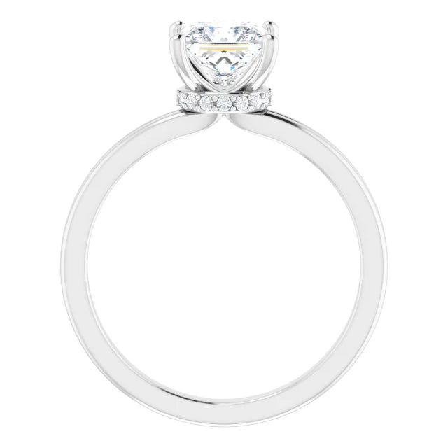 lab created princess cut Diamond Engagement Ring showing diamond under gallery