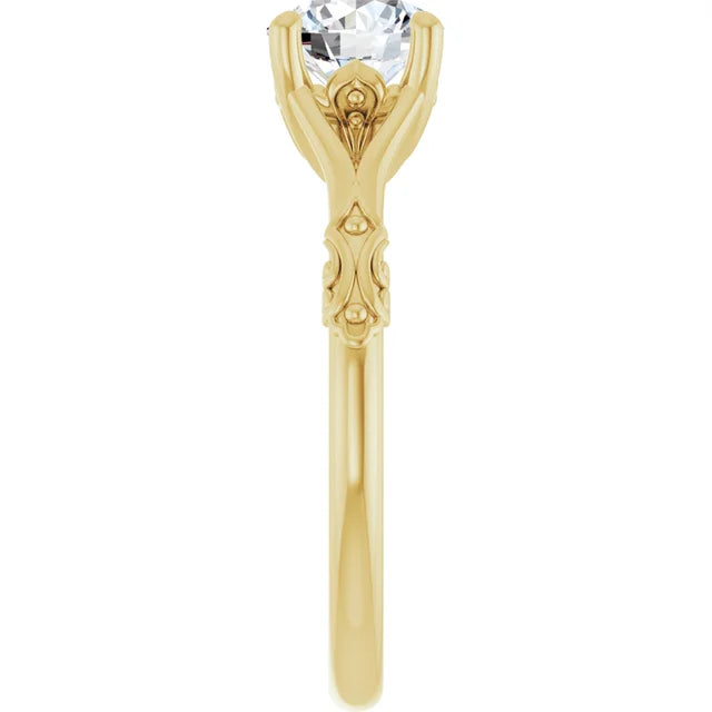 Vintage Split Shank Solitaire Diamond engagement Ring in yellow gold showing design on shank