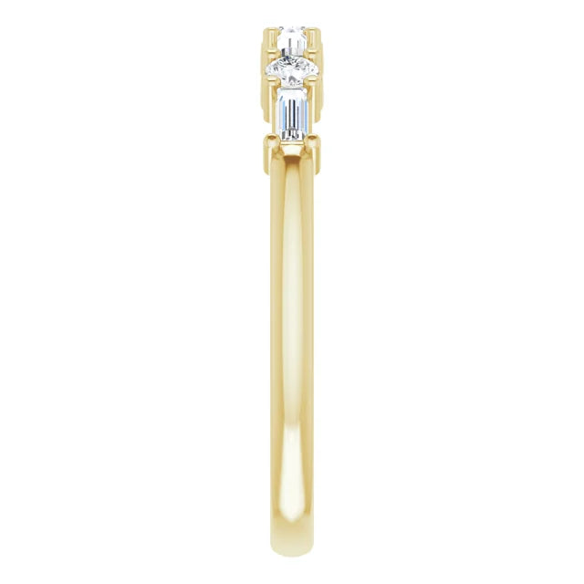 Round and Baguette diamond wedding band for women on yellow gold picture from the side