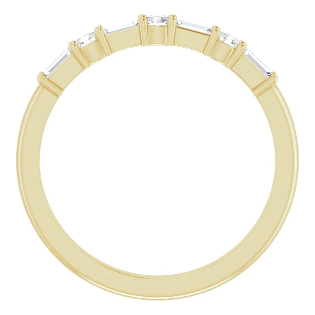 Round and Baguette diamond wedding band for women on yellow gold side picture showing under gallery