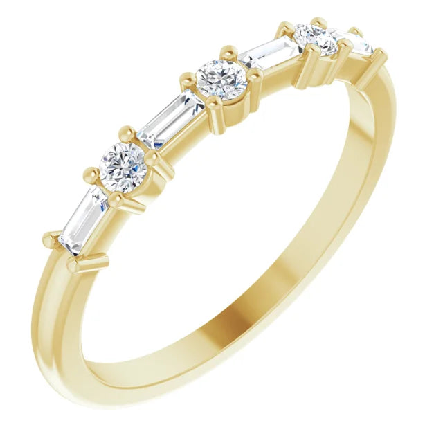 Round and Baguette diamond wedding band for women yellow sideway picture