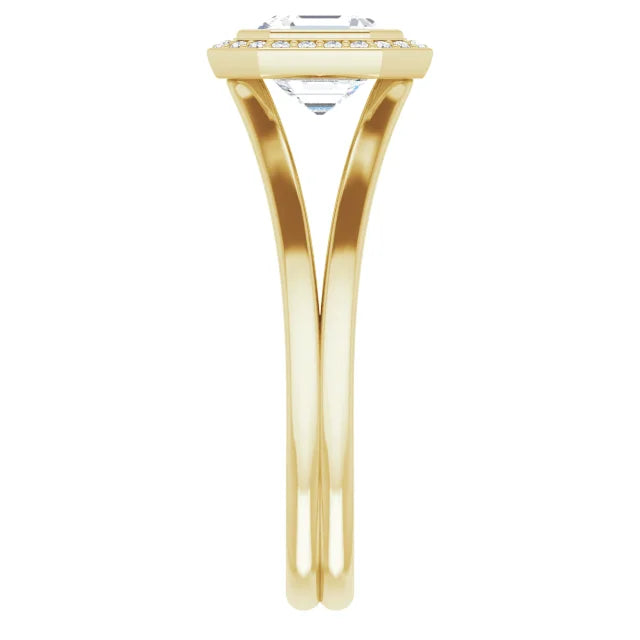 1 CT Bezel set Halo Style Asscher Diamond Engagement Rings for Women yellow gold showing shank and under gallery