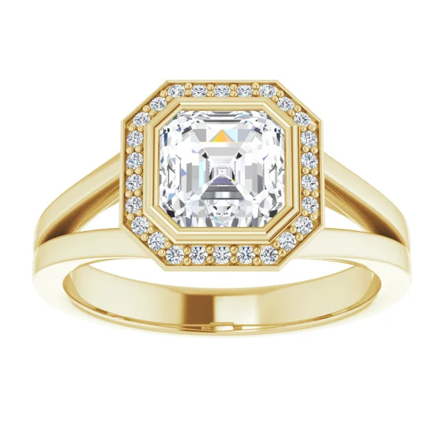 1 CT Bezel set Halo Style Asscher Diamond Engagement Rings for Women yellow gold