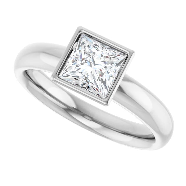 bezel Set Princess Cut Diamond Engagement Ring on White gold side way picture