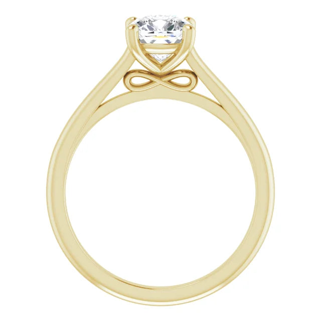 infinity cushion cut solitaire diamond engagement ring for women on yellow gold showing under gallery infinity