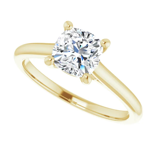 1 CT infinity cushion cut solitaire diamond engagement ring for women on yellow gold sideway picture showing center stone