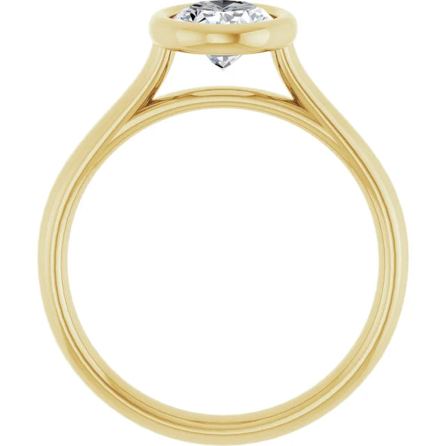 Bezel Set Oval Diamond engagement Ring on yellow gold showing under gallery