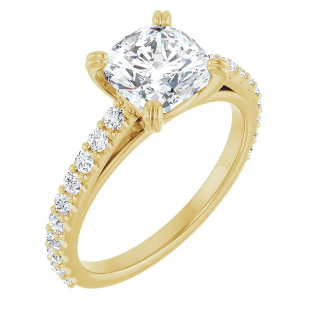 2 CT Accented Shank Cushion Solitaire Diamond Engagement Ring for women yellow gold showing center stone and shank on Diamond