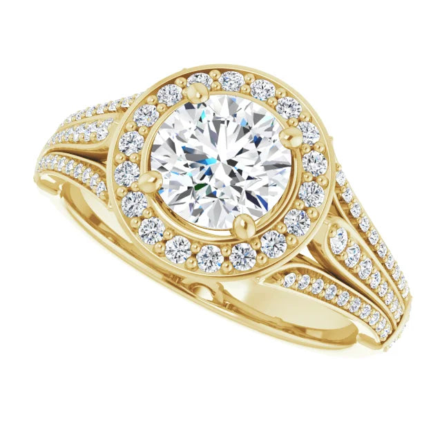 Halo Style accented shanks Lab Grown Diamond Engagement Ring on Yellow Gold Sideway Picture