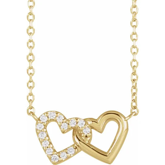 05 CTW Natural Diamond Petite Double Interlocking Heart Necklace on yellow gold