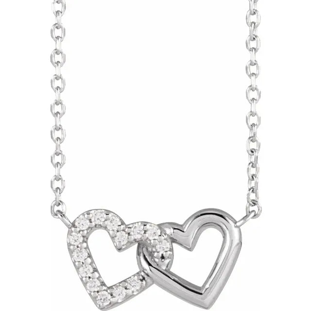 05 CTW Natural Diamond Petite Double Interlocking Heart Necklace on white gold