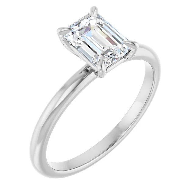 Emerald Cut Lab Grown Diamond Engagement Ring on white gold sideway picture showing center stone 