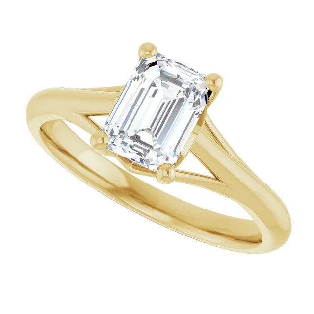 1 CT Emerald cut diamond engagement ring for women on yellow gold sideway picture showing center stone