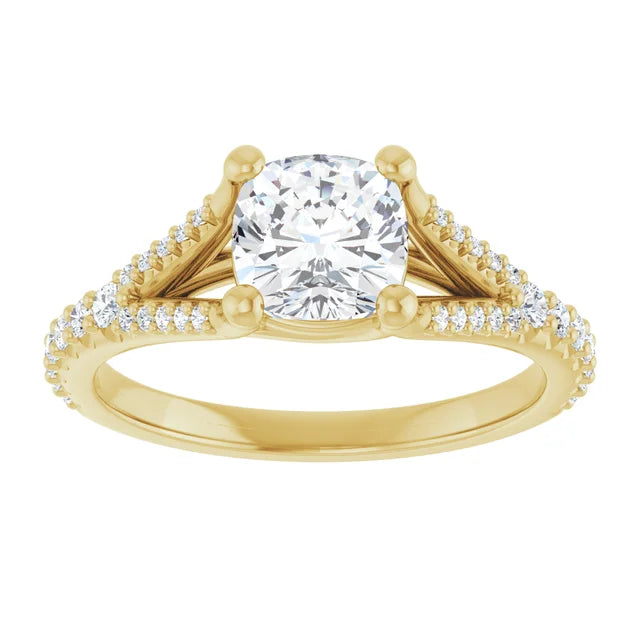 1 CT Accented Shank Cushion Cut Diamond engagement Ring on yellow gold